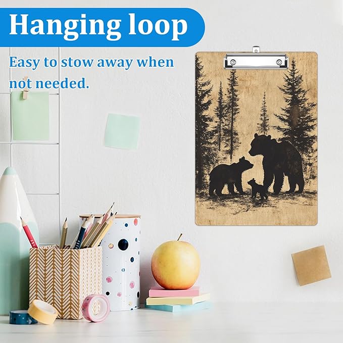 Bear Pine Tree Forest Clipboard Decorative Clip Board with Metal Clip A4 Standard Size 12.5" X 8.7" for Teacher Students Nurses Office