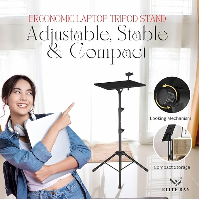 Adjustable Laptop Stand Tripod with Tray & Phone Mount – Heavy-Duty Alloy Tripod with 40.7x27.6cm Platform | Height Adjustable 0.65–1.6m | 15kg Load Capacity | Portable & Foldable