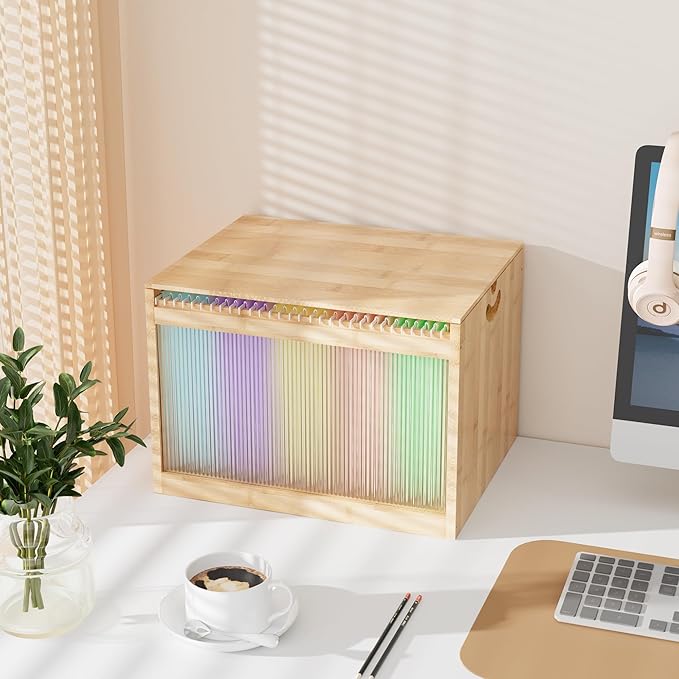 Natural Bamboo & Acrylic File Box with Removable Lid, Modern File Organizer Box for Letter/Legal Files, Hanging File Box with Easy Assembly & Dustproof Storage for Home Office