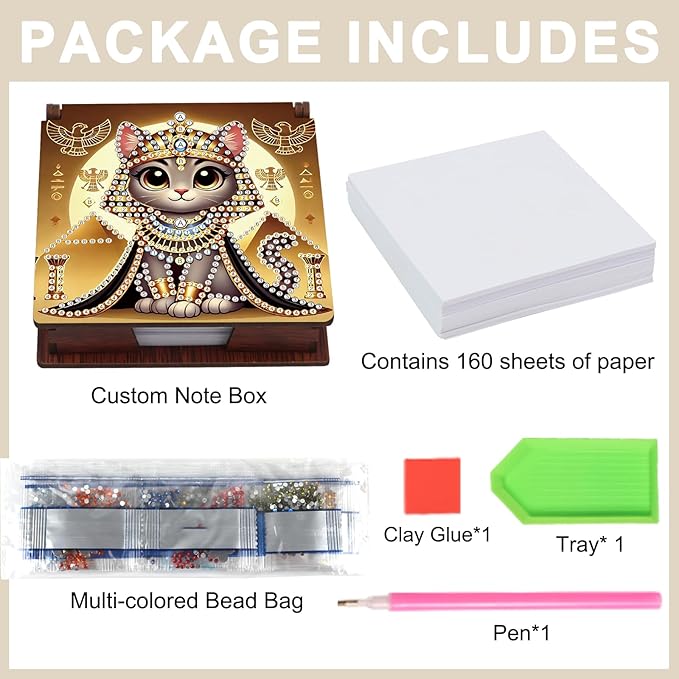 Wooden DIY Egyptian Cat Diamond Art Notecard Box – DIY Gem Art Sticky Note Holder for Adults 160 Sheets Memo Pad Storage