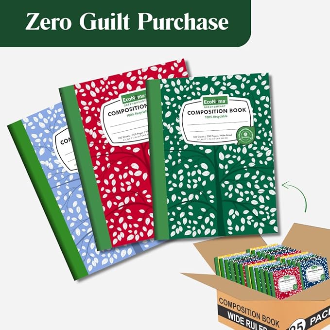 EcoNama Composition Notebooks Pack of 48 Wide Ruled 200 Pages (100 Sheets) 9.75"x7.5" Carbon Neutral Recyclable Paper Eco-Friendly School & Office Supplies For Students and Professionals Assorted Color