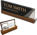 Artblox Personalized Office Desk Name Plate and Business Card Holder | Clear Acrylic Glass with Teak Wood Stand | Abstract Shapes Design Customized with Your Name and Credentials Office Desk Décor