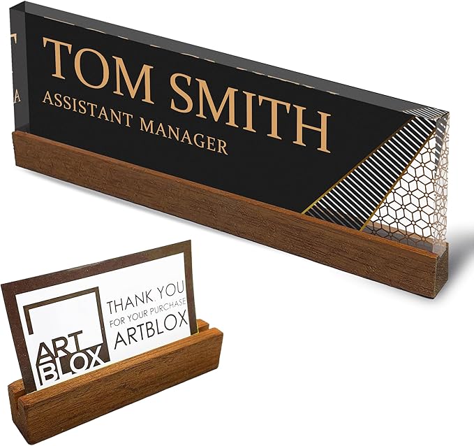 Artblox Personalized Office Desk Name Plate and Business Card Holder | Clear Acrylic Glass with Teak Wood Stand | Abstract Shapes Design Customized with Your Name and Credentials Office Desk Décor