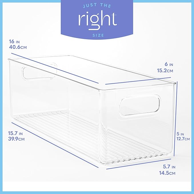 primebox Plastic Food Storage 6 Pack Clear Container Bin with Handles for Organizing Kitchen, Pantry, Refrigerator, Freezer, Pantry, Cabinet, Closet, Bathroom. 16”x6”x5”