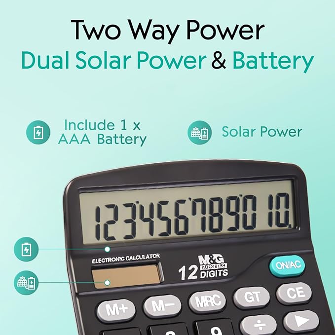M&G Desk Calculator 12 Digit Office Calculators with Large LCD Display, Dual Solar Power and Battery, Recessed Big Button Calculator for Office Home (Black, Pack of 5)