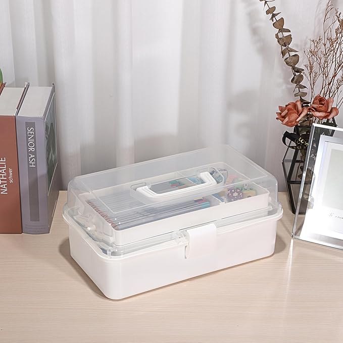 BTSKY 3-Layer Plastic Dividing Storage Box Craft Organizer with Adjustable Spacers Portable Handled Art Supply Multipurpose Home Utility Box for Medicine, Sewing