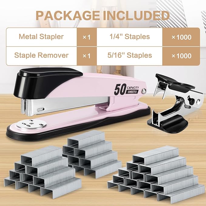 Deli Stapler Heavy Duty, Full Strip Staplers for Desk with 2000 Staples and Staple Remover, 50 Sheet Capacity, No Jam, Non-Slip Office Stapler with Staples for Office, Classroom, Pink