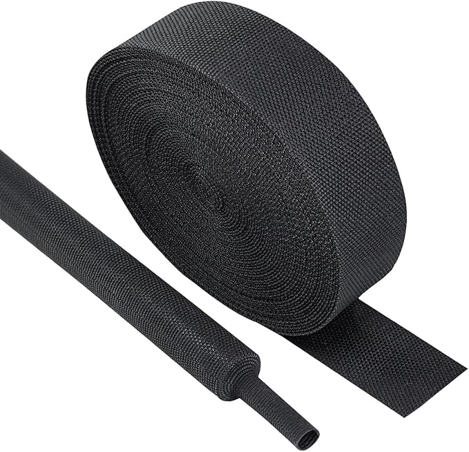 Black 2:1 Ratio Automotive Heat Shrink Braided Sleeving,Wear-Resistant Flat Woven Shrinkable Sleeve Fabric Car Cable Wires Hoses Protection (1"-66ft)