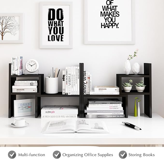 Jerry & Maggie Desktop Organizer Office Storage Rack Adjustable Wood Display Shelf, Birthday Gifts Toy Home Decor Free Style Rotation Display True Natural Stand Shelf (Black)