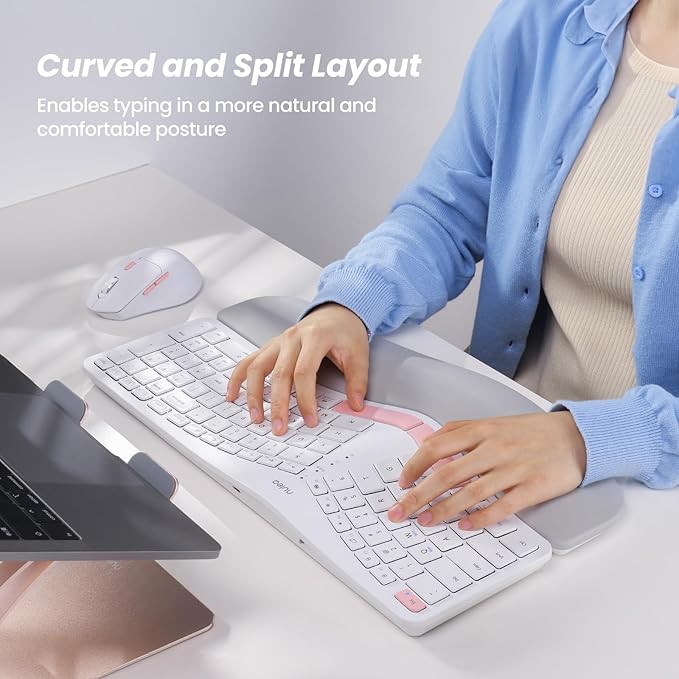 Nulea KM75 Wireless Keyboard and Mouse Combo, Comfortable Natural Typing, Palm Rest, Multi-Device (Bluetooth, 2.4G, Wired), Rechargeable, for Multi-OS, Windows, Mac, Android (White Pink)