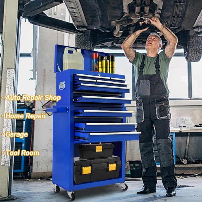 13-Drawer Tool Chest with Tool box and wheels, Large Detachable Tool box with Sliding Drawers, Mechanic Storage Cabinets, Metal Tool Cart for Garage Workshop (Blue)