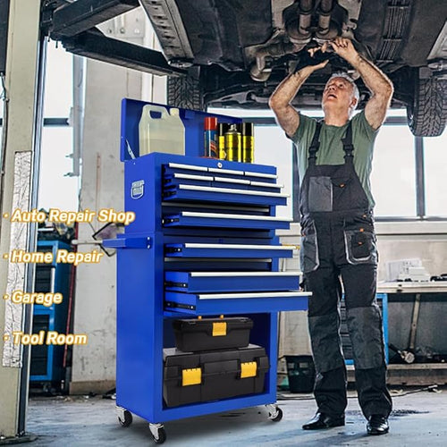 13-Drawer Tool Chest with Tool box and wheels, Large Detachable Tool box with Sliding Drawers, Mechanic Storage Cabinets, Metal Tool Cart for Garage Workshop (Blue)