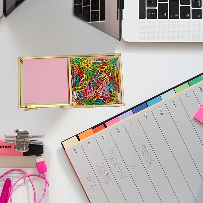 3 x 3 Inch Sticky Note Holder Gold Glass Post It Note Dispenser, 2 Slot Sticky Note Dispenser, Stylish Post It Holder for Home Office Desk Decor
