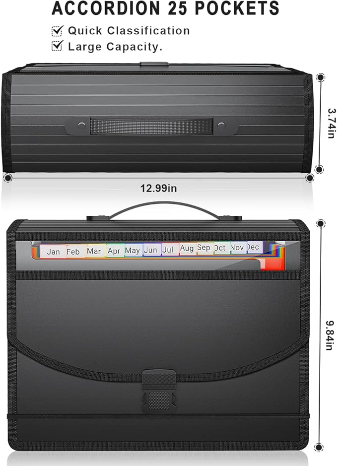 Accordion File Organizer with Handle,13 Pockets Expanding File Folder for Paper/Document/Bill,Portable Filing Box,Visible Window,Quick Search,Expandable Bottom,Large Capacity,A4/Letter Size