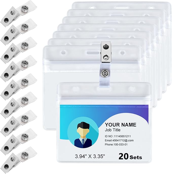 20 Sets ID Card Name Badge Holders with Clips Clear Horizontal Nametag Holders with Metal Clips Name Card Holders Waterproof ID Badge Holders for Office Worker Teacher Student Nurse