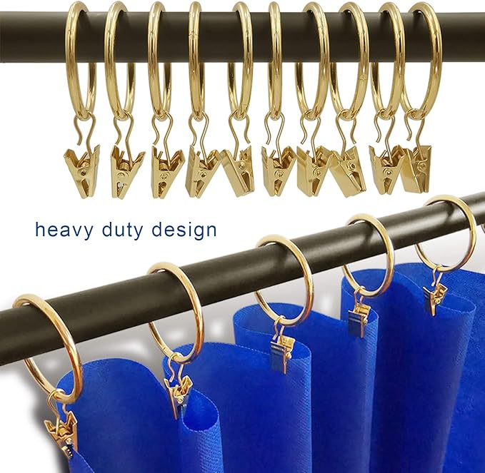 LLPJS 60 Pack Metal Curtain Rings with Clips, Curtain Clip Rings Hooks for Hanging Drapery Drapes Bows, Curtain Rod Rings 1.5 inch Interior Diameter, Gold