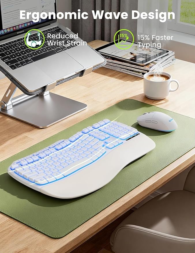 White Wireless Keyboard and Mouse Combo, Light up Ergonomic Keyboard Set, 2.4G Full Size Ergo Wave Key Board with Cushioned Plam Rest, Silent Mouse, for Computer/Laptop/Windows/Mac, Sablute