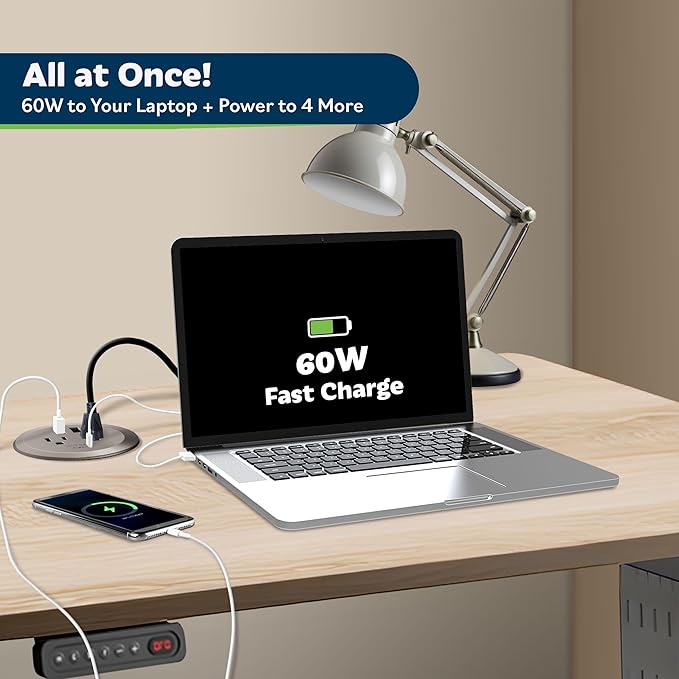 TOPGREENER Desktop Power Grommet with 65W PD for MacBook, GaN Desk Grommet with 1 Fast Charging USB-C Port, 2 USB-A Ports and Duplex Receptacles, TTRP48APD60-NK, Nickel