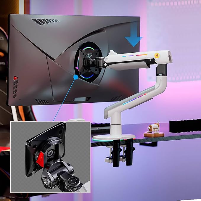 NB Gaming Monitor Arm or for 32 to 60 Inches Screen, Load up to 20 kg, VESA 75/100, RGB-Light, Heavy Duty, Multi Angle Adjustable, Premium Aluminum, White