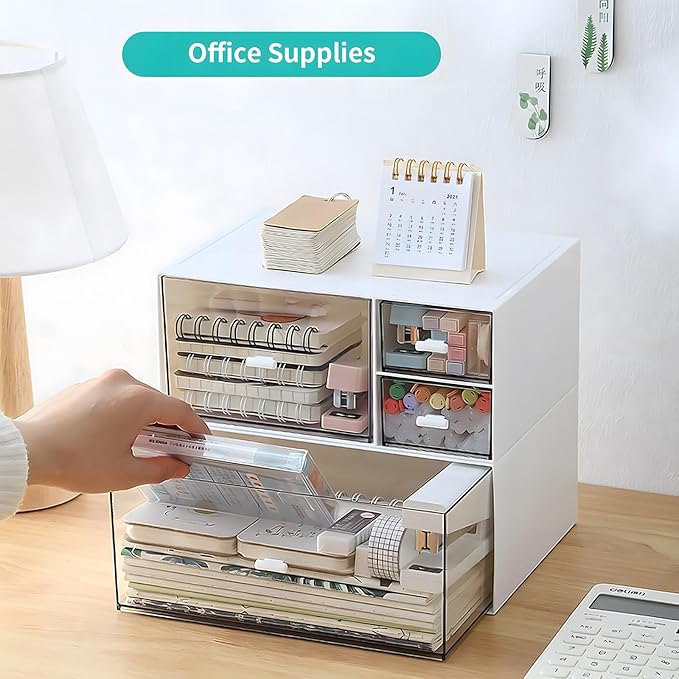 Desk Craft Organizer and Storage with 4 Mixed Drawers, Stackable Plastic Desktop Accessories & Workspace Organizer for Office Stationary, Makeup Skincare, Sanitation Supplies, White