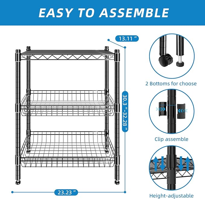 3 Tier Rolling Cart Service Cart Wire Basket Shelf Storage Trolley Shelf 2 Bottoms for Choose(Castor or Leveling Feet) for Office,Kitchen,Black(23.23" L x 13.11" W x 32.28" H)