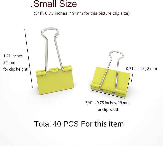 Nctinystore Binder Clips Small Metal Clamp 0.75 inch / 19 mm (Yellow, 40-PCS)