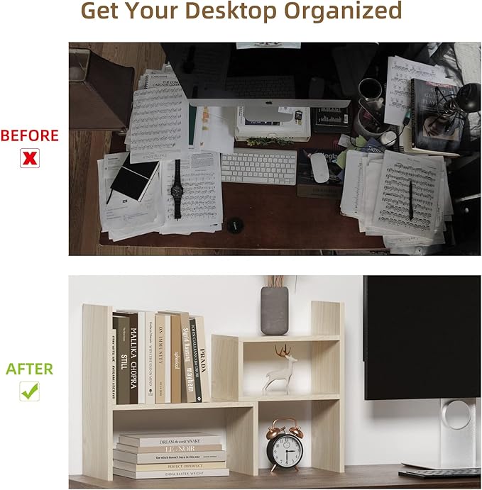 TY ARTS & CULTURE - Expandable Wood Desktop Storage Organizer Multipurpose Desk Bookshelf Display Shelf Rack Counter Top Bookcase for Office Home | Natural Beige