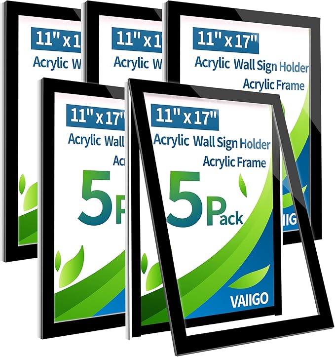 Acrylic Magnetic Sign Holder Wall Mount, Self Adhesive Magnetic Display Frame with Nano Tape and Strong Magnetic Border for Wall, Door, Glass, Home, Store, Office (Black, 11" x 17" / 5 Pack)