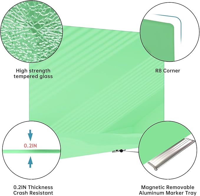 Magnetic Glass Whiteboard - Glass Dry Erase Board 48"x36" Large Frameless Glass Board for Walls Office School and Home, Green