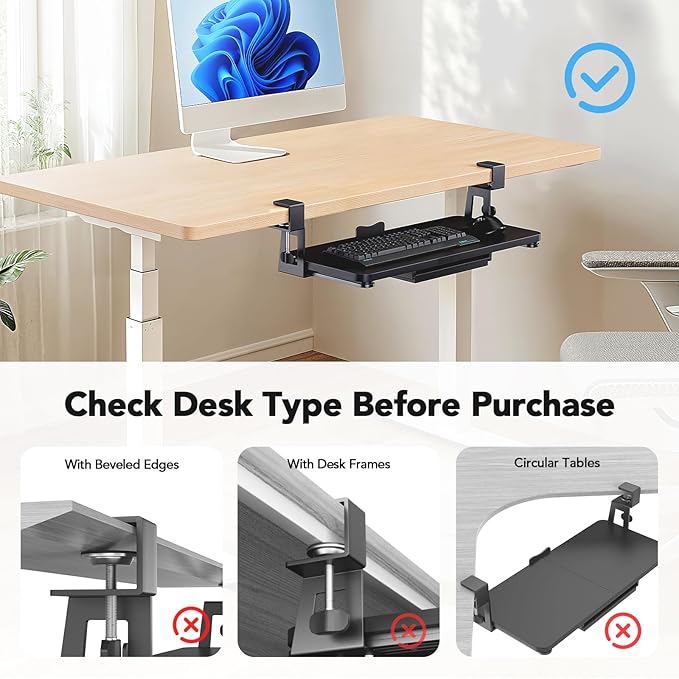 HUANUO Large Under Desk Keyboard Tray with Sturdy C-Clamp Mount, 26 (30.16" Including Clamps) x 12 inch Slide-Out Platform Computer Desk Heavy Duty Keyboard Tray with Storage Drawer for Typing, Black