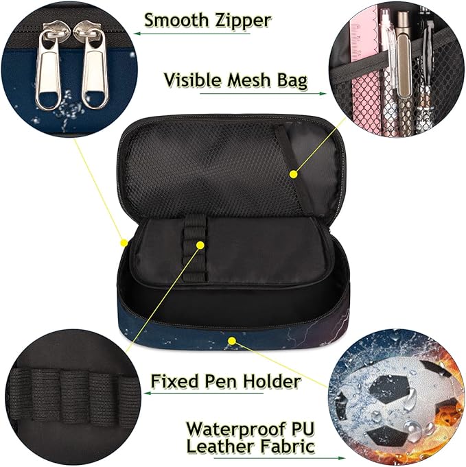 Pardick Soccer Big Capacity Pencil Pen Case Flame Soccer Large Pencil Pouch with Zipper Compartments Pencil Bag for Boys Girls Adults Student Office School Supplies