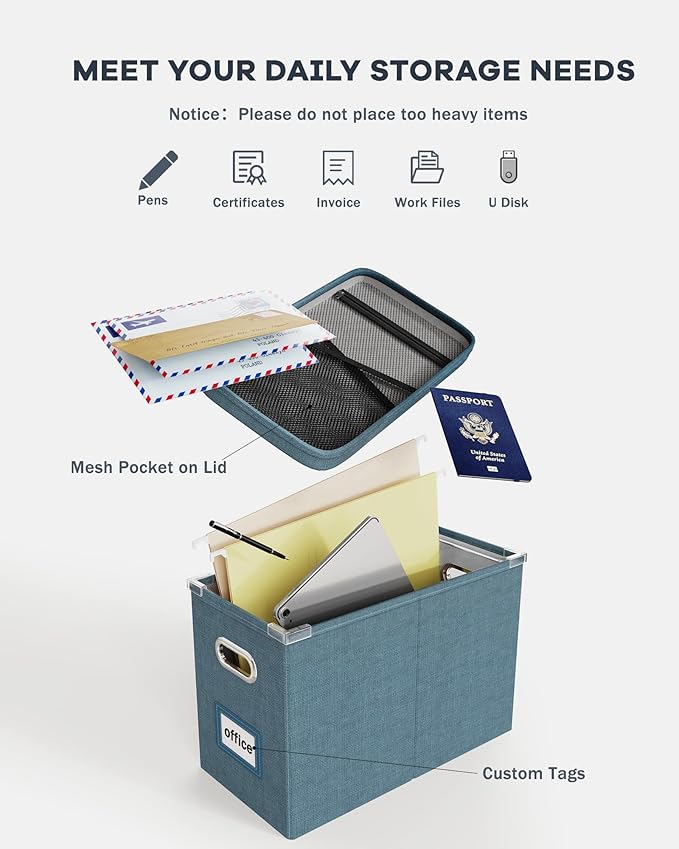 Oterri File Organizer Box with Lid, Hanging Filing File Box with Mesh Pocket, Document Organizer Box for Letter Files, Portable Storage Box with Smooth Sliding Rail for Office&Home (1 PCS, Dark-blue)