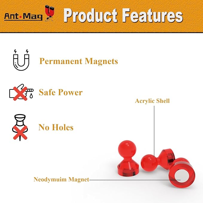 Ant Mag Magnetic Push Pins, 72 Pack Strong Whiteboard Magnets for Fridge, Maps, Office, Kitchen & Classroom Red