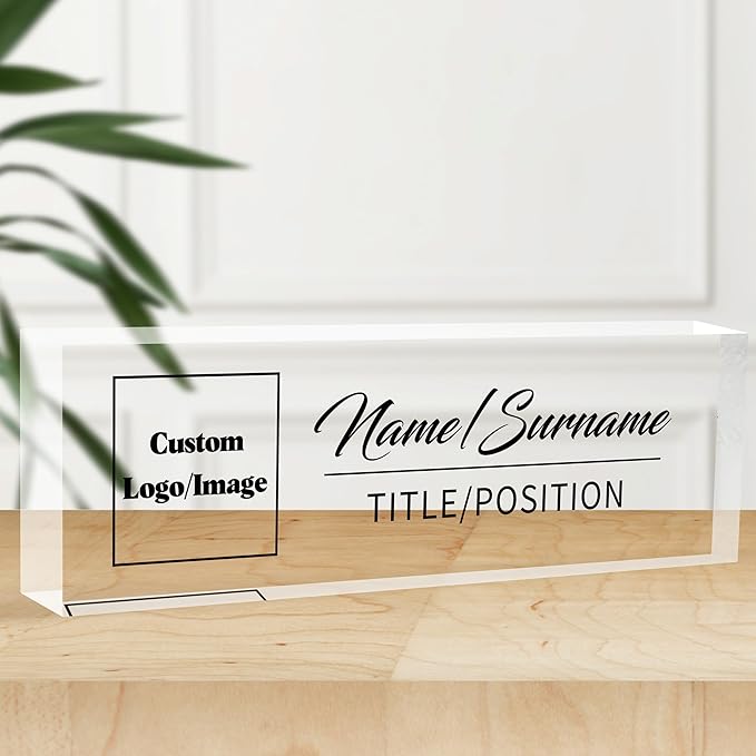Personalized Office Name Plate, Custom Logo/Photo, Name Plate for Desks, Office Desk Decorations Gift for Women Men, Acrylic Desk Name Plate for Teacher Coworkers Staff Boss (Transparent Logo)