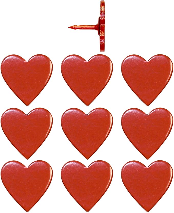 Big Red Heart Push Pins - Large Red Metal Heart Map Pins - for Cork Board, Maps, or Lapel Pin Use - Designed in USA - Set of 10