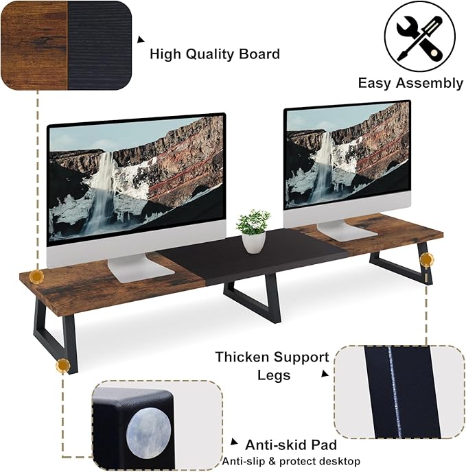 TEAMIX 42 inch Large Dual Monitor Riser, Extra Long Monitor Stand Riser Wide TV Stand Riser Monitor Stand for 2 Monitors Wood & Steel Desktop Riser Desk Organization Home Office