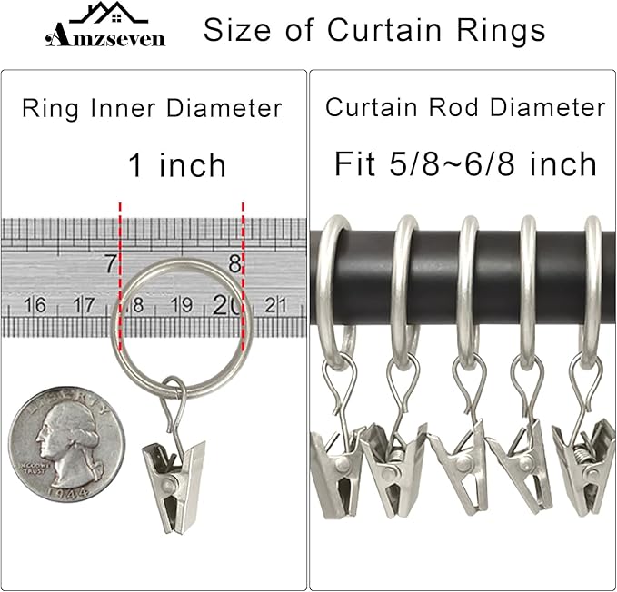 AMZSEVEN 100 Pack Metal Curtain Rings with Clips, Drapery Clips with Rings, Drapes Rings 1 inch Inner Diameter, Fits Diameter 5/8 inch Curtain Rods, Matte Silver