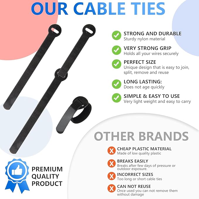 100 x Colourful Reusable Cable Ties, Cable Straps, Adjustable Cable Ties, Strong Hook and Loop Cable Straps with Buckle for TV Cables, PC Cables and Desk Organisation