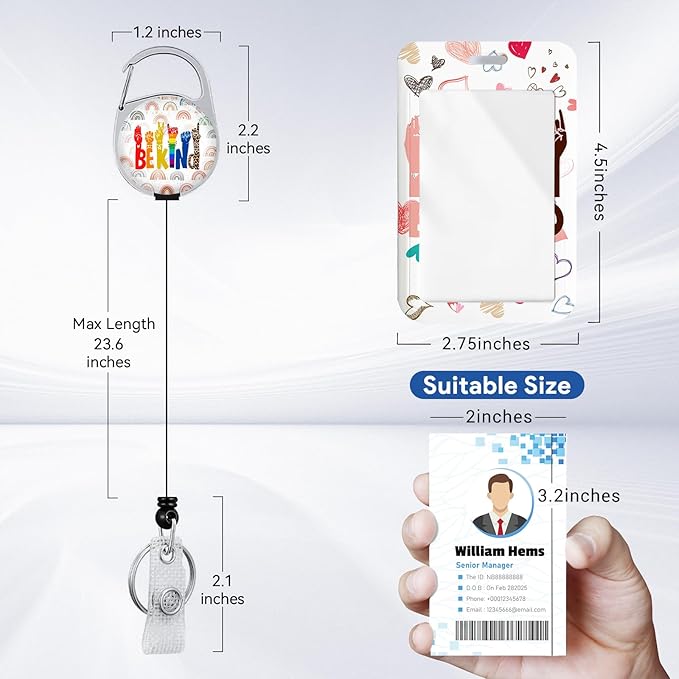 2 Pack Be Kind ID Badge Holder with Heavy Duty Retractable Reel Keychain for WomenStudents,Teachers, Nurses, Office Use