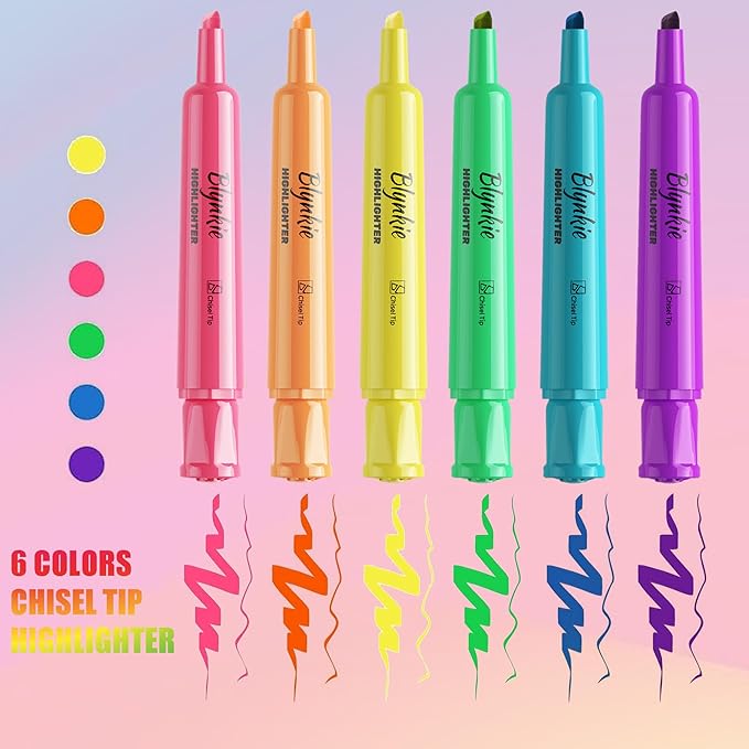 Blynkie Highlighters Bulk 120 Pack of 6 Bright Colors Tank Style Chisel Tip Highlighters Set for Adult Coloring Highlighting for Office Supplies and Shop Short Style.