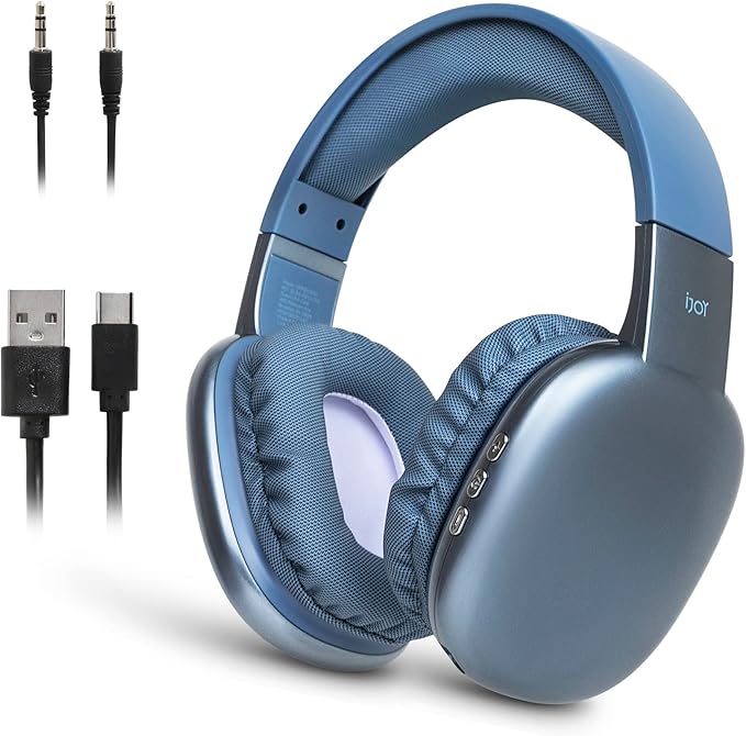 iJoy Ultra Wireless Over-Ear Bluetooth Headphones with Mic, Up to 10 Hours Playtime, Bluetooth Headset 33Ft Range with Backup AUX Cable & SD Slot, Wireless Headphones for Gaming, Work & Gym (Blue)