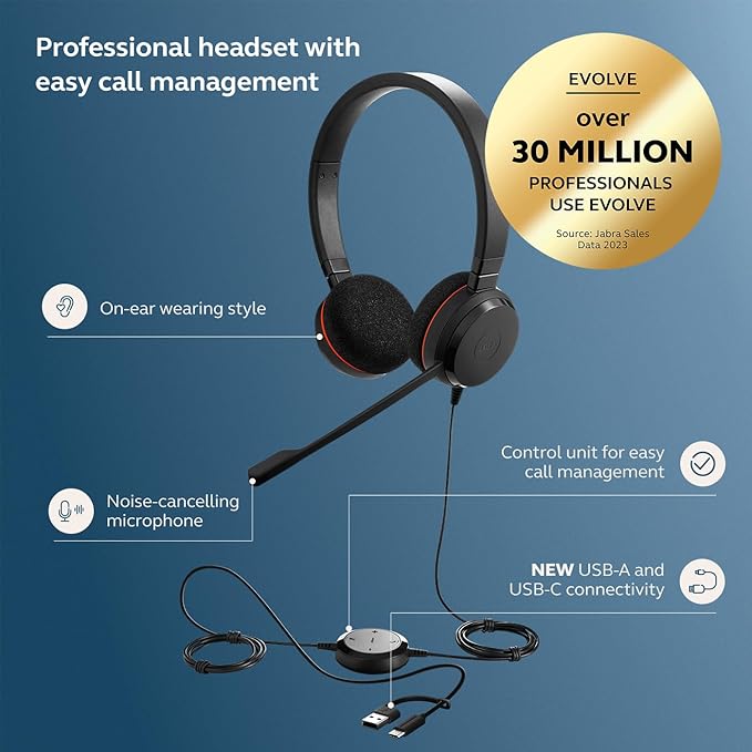 Jabra Evolve 20 Wired Headset (2025 Edition) - Dual-Ear Wired Headset for Office and Work from Home - Call Control - All Platforms - USB-C/A Connectivity - Black