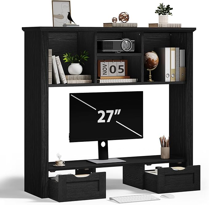 Desktop Bookshelf with Computer Monitor Stand, 37.4''W Desk Shelf Display Rack, Desktop Organizer Storage Rack with 4 Cubbies and 2 Drawers, 5-Tier Desk Hutch for Home, Office, Dorm, Vanity