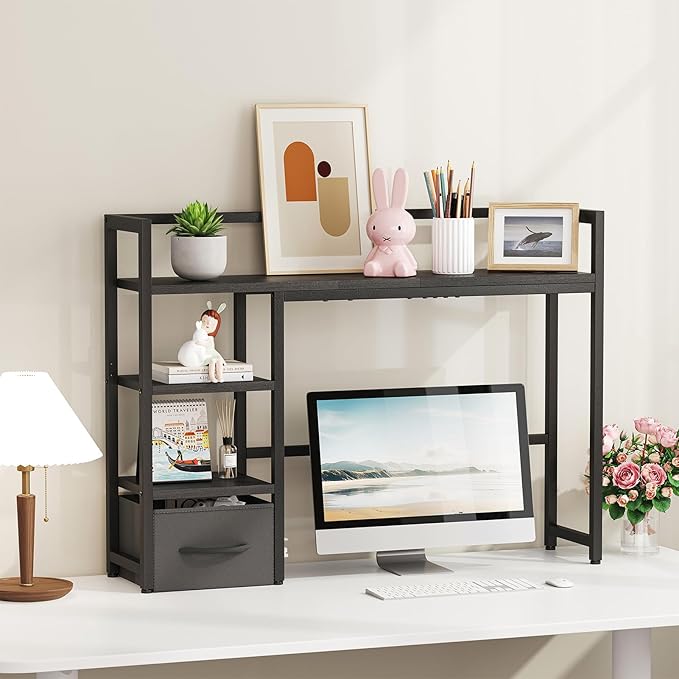 Marbrasse Desk Shelf with Drawer, 40" Desk Hutch for Computer Monitor, Desk Shelf for top of Desk, Wooden Desktop Bookshelf Storage Rack for Home Office Dorm - Black