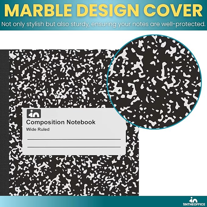 1InTheOffice Wide Ruled Composition Notebook 7.5" x 9.75", Wide Ruled Paper, 100 Sheets, White/Black, (8/Pack)