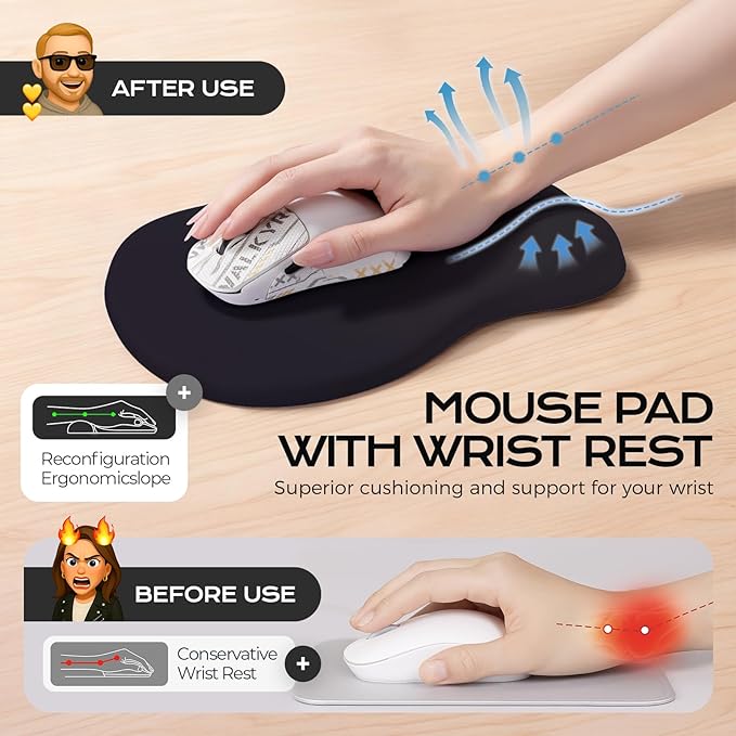 Mouse Pad with Wrist Rest - Black Mousepad with Wrist Support, Ergonomic Mouse Pad with Wrist Rest for Mouse Gaming Laptop Work