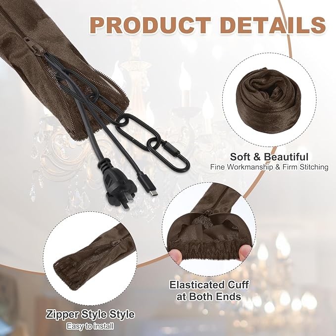 PATIKIL 3.3ft Chandelier Chain Cord Cover, 2 Pcs Velvet Cloth Fabric Chain Sleeve Decorative Cord Covers for Chandelier Wires Swing Cable, Zipper Style, Coffee