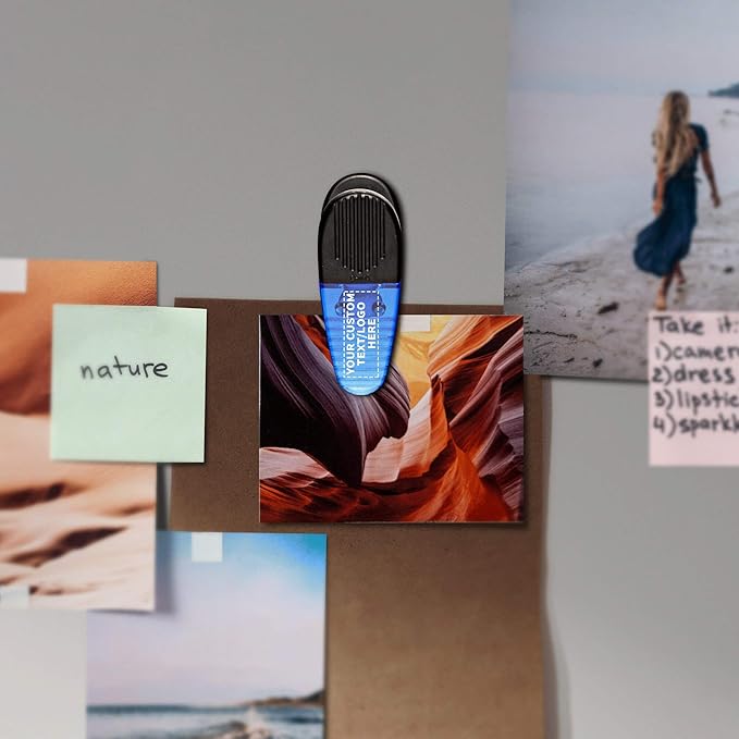 50 Magnetic Memo Holders Set - Customizable Text, Logo - Large Clip, Plastic - TBlue