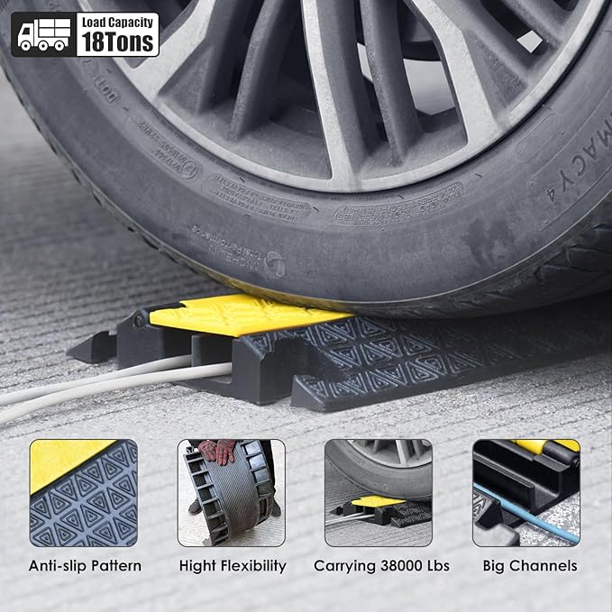 Heavy-Duty Rubber Cable Protector Ramp, Floor Cable Wire Cord Cover Speed Bumps 22000 Lbs Load Capacity, Driveway Hose Cable Ramp Protective Cover for Indoor Outdoor (Small 2-Channel x 4Pcs)