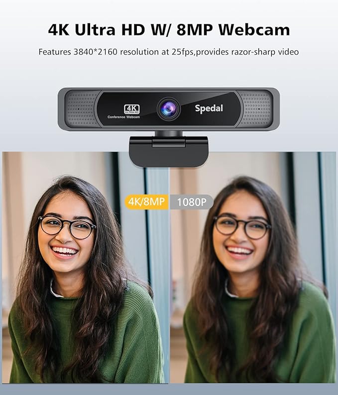 Spedal 4K Webcam with Tripod, Wide Angle 120° USB Webcam, Sony 1/2.8" Sensor, Dual Microphones, Remote Control, Auto Focus for Video Conferencing, Online Meetings, Streaming, Zoom & Teams